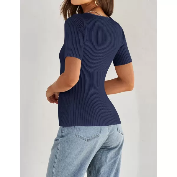 imageZESICA Womens 2024 Short Sleeve Square Neck T Shirts Slim Fitted Summer Ribbed Knit Basic Casual Tee TopsNavy