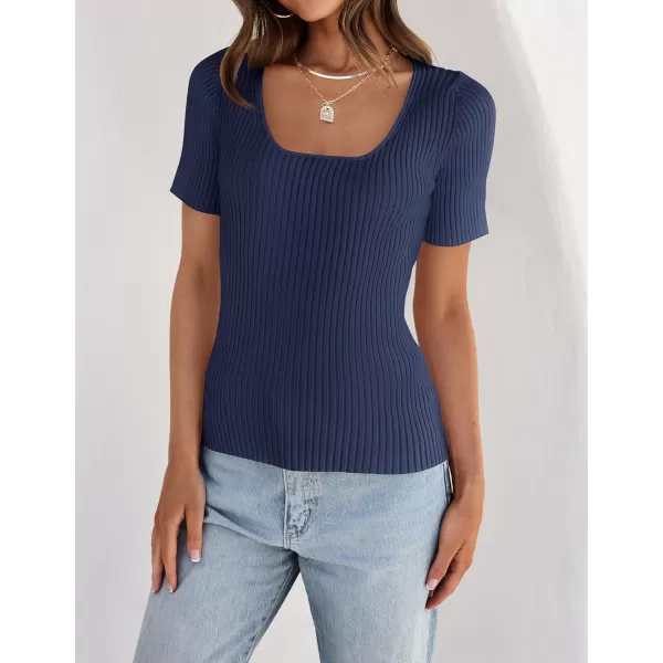 imageZESICA Womens 2024 Short Sleeve Square Neck T Shirts Slim Fitted Summer Ribbed Knit Basic Casual Tee TopsNavy