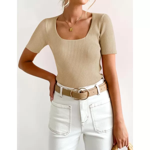 imageZESICA Womens 2024 Short Sleeve Square Neck T Shirts Slim Fitted Summer Ribbed Knit Basic Casual Tee TopsNude