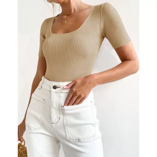 imageZESICA Womens 2024 Short Sleeve Square Neck T Shirts Slim Fitted Summer Ribbed Knit Basic Casual Tee TopsNude