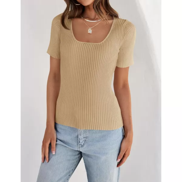 imageZESICA Womens 2024 Short Sleeve Square Neck T Shirts Slim Fitted Summer Ribbed Knit Basic Casual Tee TopsNude