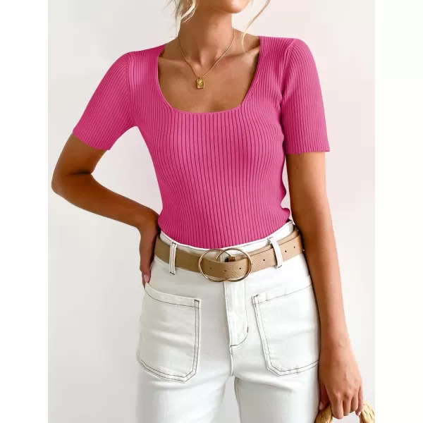 imageZESICA Womens 2024 Short Sleeve Square Neck T Shirts Slim Fitted Summer Ribbed Knit Basic Casual Tee TopsRose