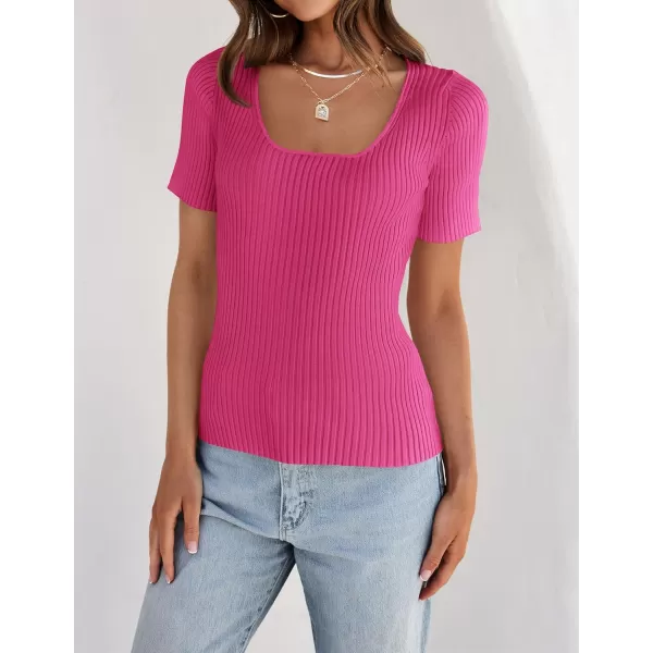 imageZESICA Womens 2024 Short Sleeve Square Neck T Shirts Slim Fitted Summer Ribbed Knit Basic Casual Tee TopsRose
