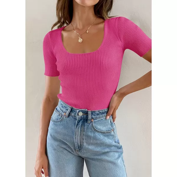 imageZESICA Womens 2024 Short Sleeve Square Neck T Shirts Slim Fitted Summer Ribbed Knit Basic Casual Tee TopsRose