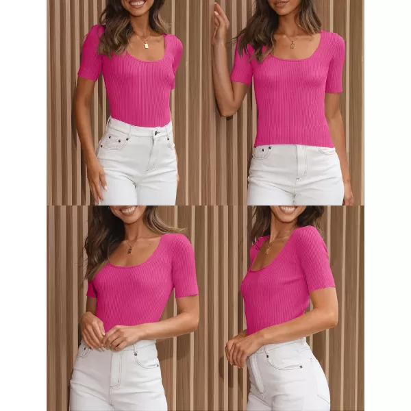 imageZESICA Womens 2024 Short Sleeve Square Neck T Shirts Slim Fitted Summer Ribbed Knit Basic Casual Tee TopsRose