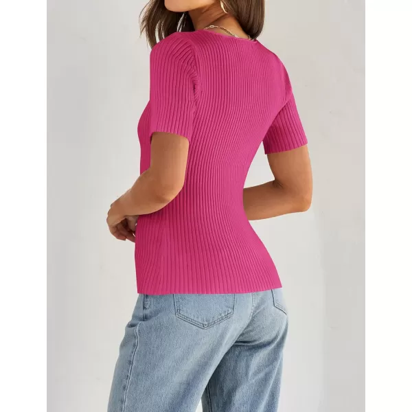 imageZESICA Womens 2024 Short Sleeve Square Neck T Shirts Slim Fitted Summer Ribbed Knit Basic Casual Tee TopsRose