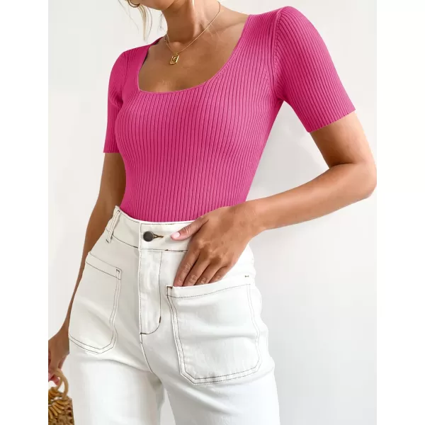 imageZESICA Womens 2024 Short Sleeve Square Neck T Shirts Slim Fitted Summer Ribbed Knit Basic Casual Tee TopsRose