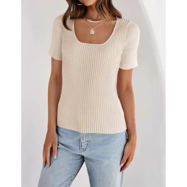 imageZESICA Womens 2024 Short Sleeve Square Neck T Shirts Slim Fitted Summer Ribbed Knit Basic Casual Tee TopsSand