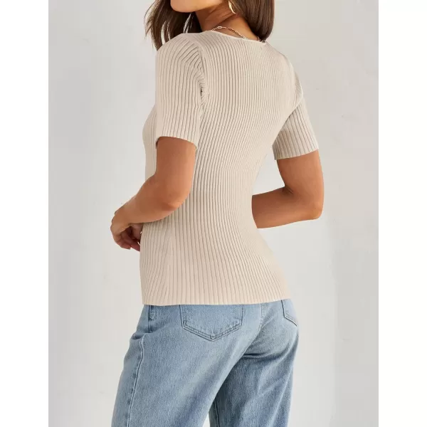 imageZESICA Womens 2024 Short Sleeve Square Neck T Shirts Slim Fitted Summer Ribbed Knit Basic Casual Tee TopsSand