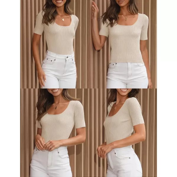 imageZESICA Womens 2024 Short Sleeve Square Neck T Shirts Slim Fitted Summer Ribbed Knit Basic Casual Tee TopsSand