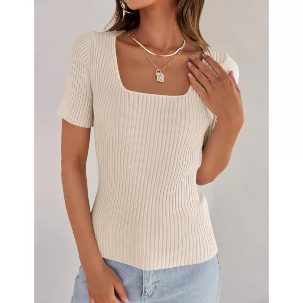 imageZESICA Womens 2024 Short Sleeve Square Neck T Shirts Slim Fitted Summer Ribbed Knit Basic Casual Tee TopsSand