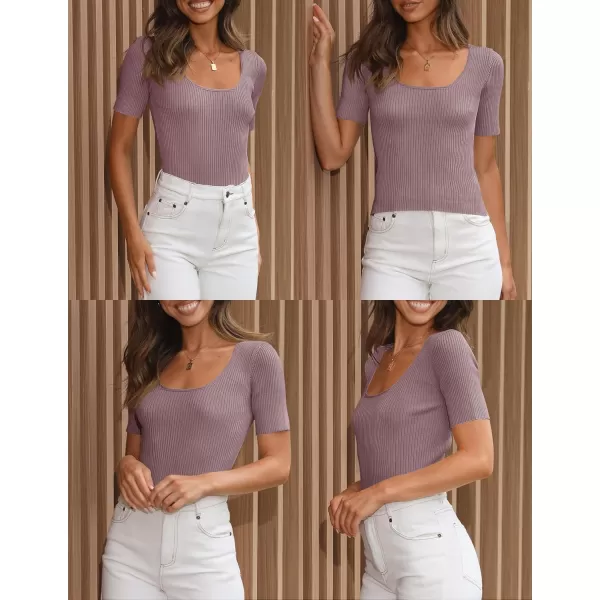 imageZESICA Womens 2024 Short Sleeve Square Neck T Shirts Slim Fitted Summer Ribbed Knit Basic Casual Tee TopsTaro