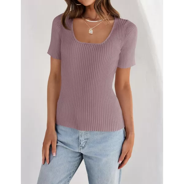 imageZESICA Womens 2024 Short Sleeve Square Neck T Shirts Slim Fitted Summer Ribbed Knit Basic Casual Tee TopsTaro