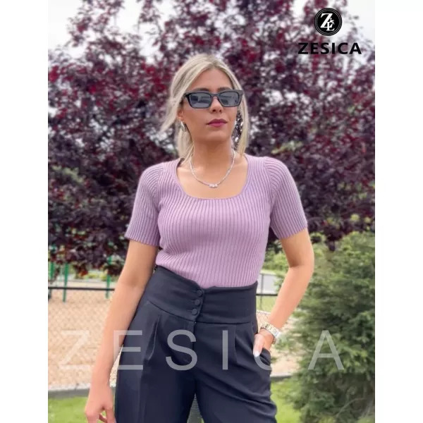 imageZESICA Womens 2024 Short Sleeve Square Neck T Shirts Slim Fitted Summer Ribbed Knit Basic Casual Tee TopsTaro