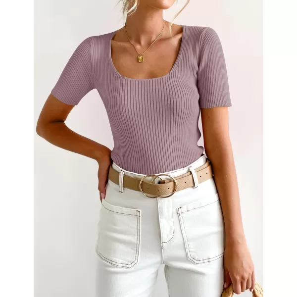 imageZESICA Womens 2024 Short Sleeve Square Neck T Shirts Slim Fitted Summer Ribbed Knit Basic Casual Tee TopsTaro