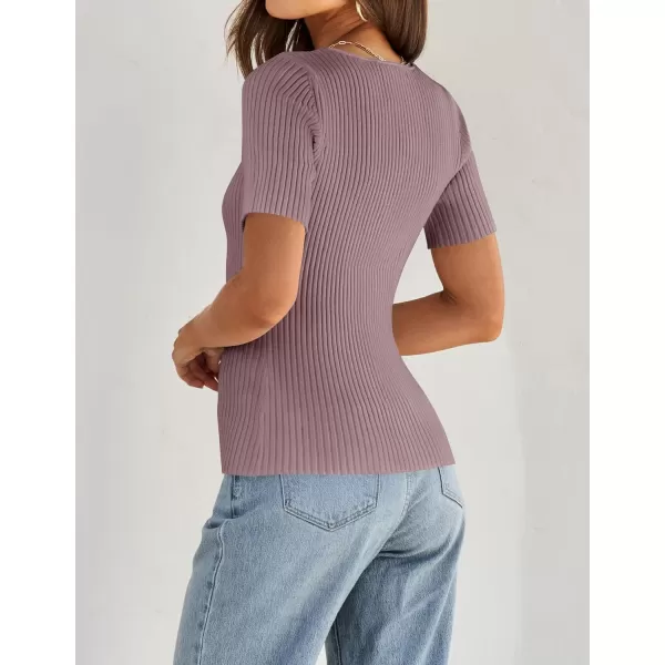 imageZESICA Womens 2024 Short Sleeve Square Neck T Shirts Slim Fitted Summer Ribbed Knit Basic Casual Tee TopsTaro