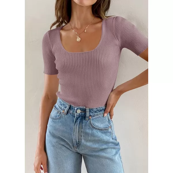 imageZESICA Womens 2024 Short Sleeve Square Neck T Shirts Slim Fitted Summer Ribbed Knit Basic Casual Tee TopsTaro