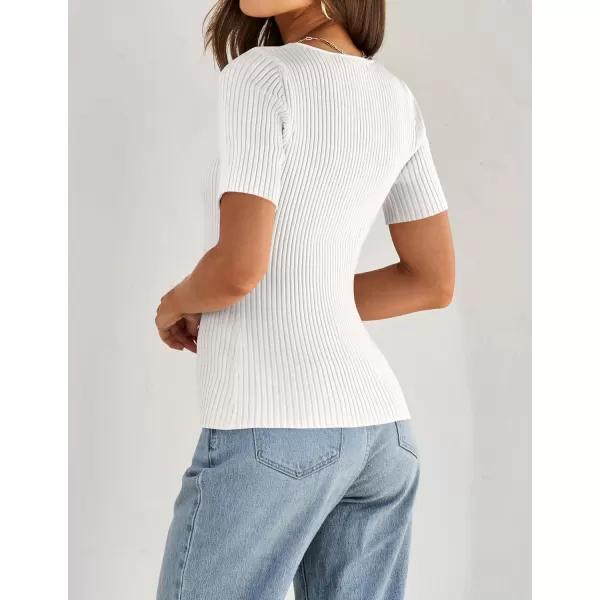 imageZESICA Womens 2024 Short Sleeve Square Neck T Shirts Slim Fitted Summer Ribbed Knit Basic Casual Tee TopsWhite