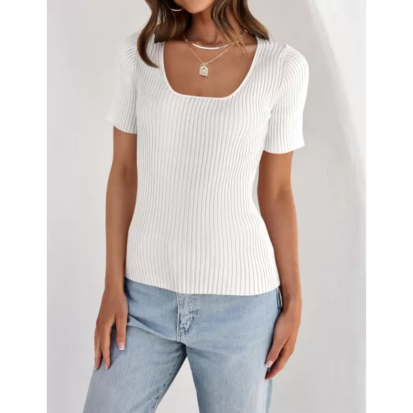 imageZESICA Womens 2024 Short Sleeve Square Neck T Shirts Slim Fitted Summer Ribbed Knit Basic Casual Tee TopsWhite