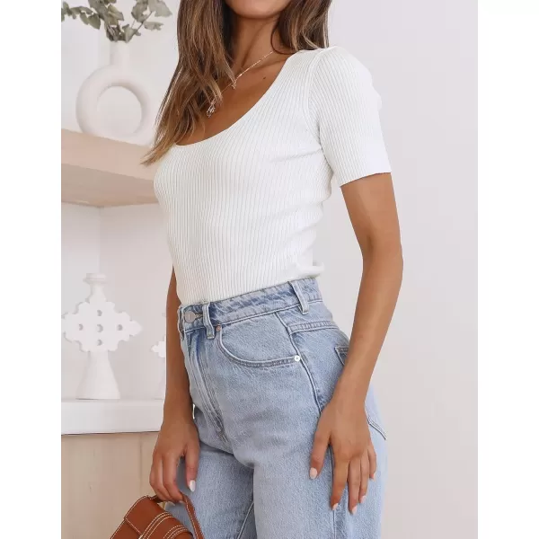 imageZESICA Womens 2024 Short Sleeve Square Neck T Shirts Slim Fitted Summer Ribbed Knit Basic Casual Tee TopsWhite