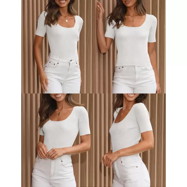 imageZESICA Womens 2024 Short Sleeve Square Neck T Shirts Slim Fitted Summer Ribbed Knit Basic Casual Tee TopsWhite