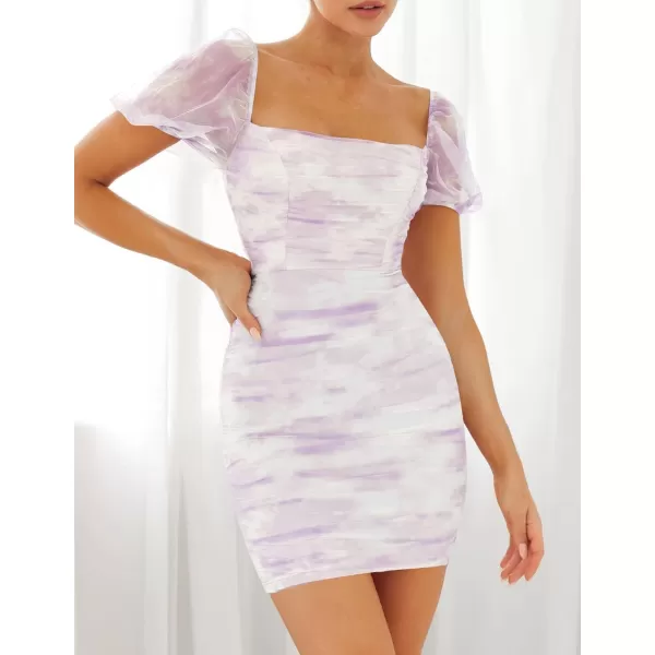 imageZESICA Womens 2024 Summer Short Puff Sleeve Tie Dye Print Ruched Bodycon Cocktail Party Wedding Guest Short Mini Dress