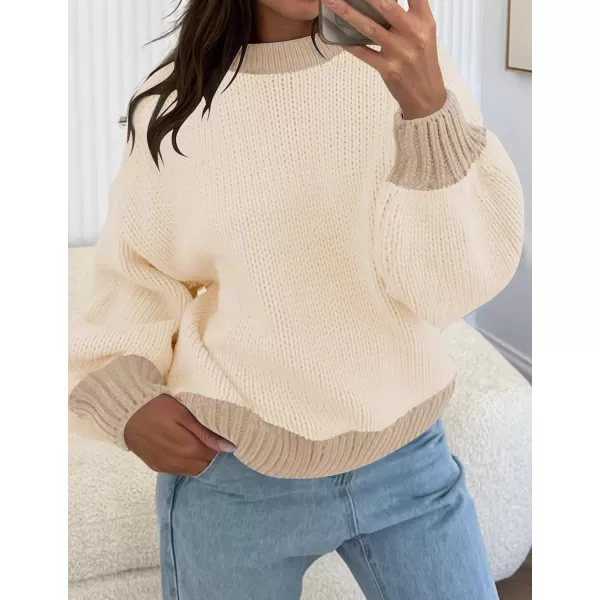 imageZESICA Womens Casual Long Sleeve Crew Neck Pullover 2024 Fall Ribbed Knit Loose Contrast Color Sweater TopsApricot