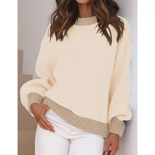 imageZESICA Womens Casual Long Sleeve Crew Neck Pullover 2024 Fall Ribbed Knit Loose Contrast Color Sweater TopsApricot