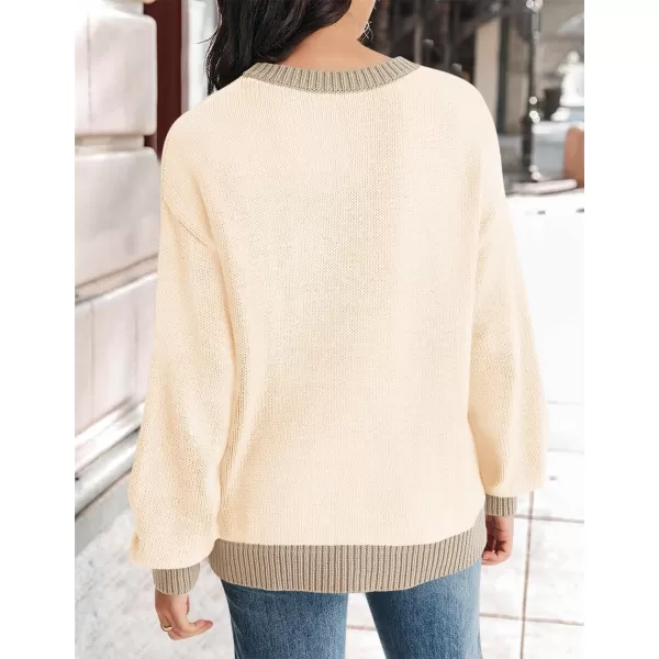 imageZESICA Womens Casual Long Sleeve Crew Neck Pullover 2024 Fall Ribbed Knit Loose Contrast Color Sweater TopsApricot