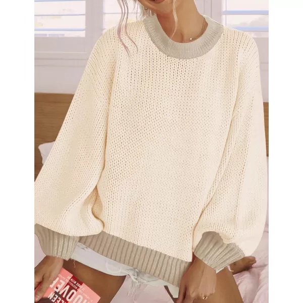 imageZESICA Womens Casual Long Sleeve Crew Neck Pullover 2024 Fall Ribbed Knit Loose Contrast Color Sweater TopsApricot