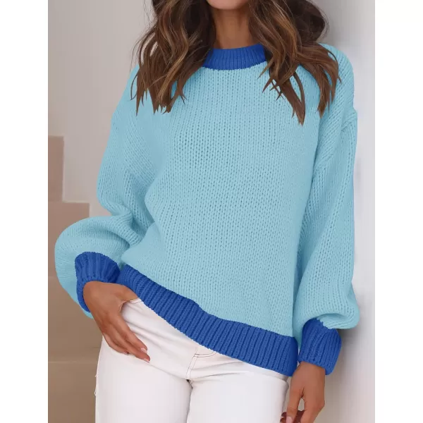 imageZESICA Womens Casual Long Sleeve Crew Neck Pullover 2024 Fall Ribbed Knit Loose Contrast Color Sweater TopsBlue