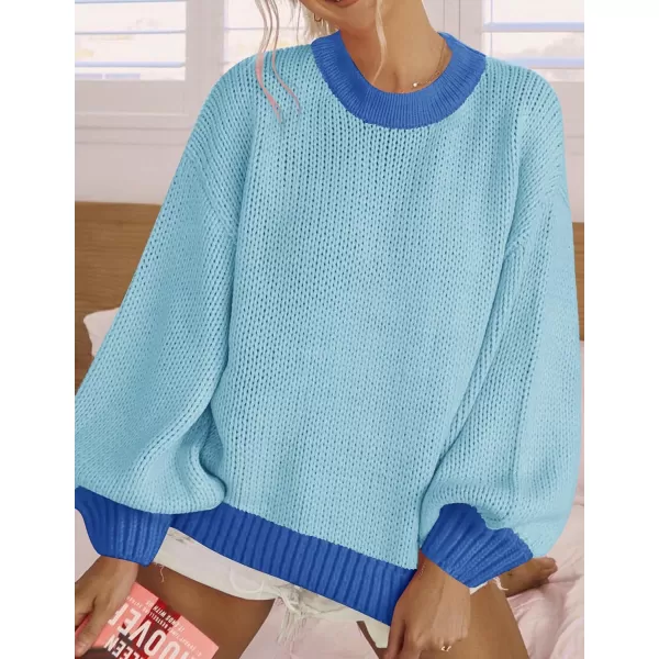 imageZESICA Womens Casual Long Sleeve Crew Neck Pullover 2024 Fall Ribbed Knit Loose Contrast Color Sweater TopsBlue