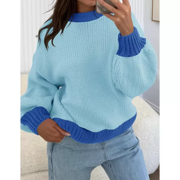 imageZESICA Womens Casual Long Sleeve Crew Neck Pullover 2024 Fall Ribbed Knit Loose Contrast Color Sweater TopsBlue