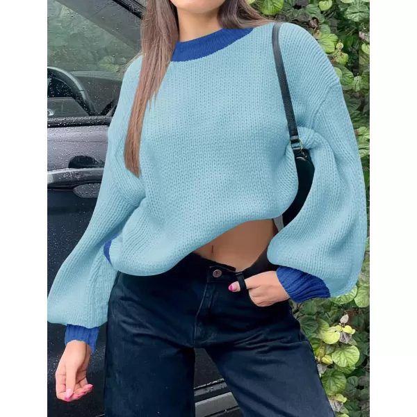 imageZESICA Womens Casual Long Sleeve Crew Neck Pullover 2024 Fall Ribbed Knit Loose Contrast Color Sweater TopsBlue