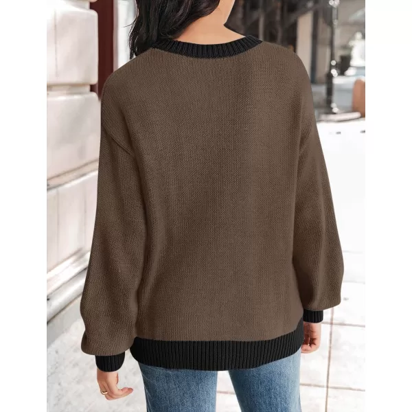 imageZESICA Womens Casual Long Sleeve Crew Neck Pullover 2024 Fall Ribbed Knit Loose Contrast Color Sweater TopsBrown