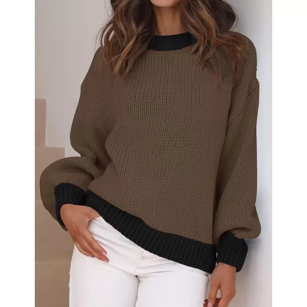 imageZESICA Womens Casual Long Sleeve Crew Neck Pullover 2024 Fall Ribbed Knit Loose Contrast Color Sweater TopsBrown