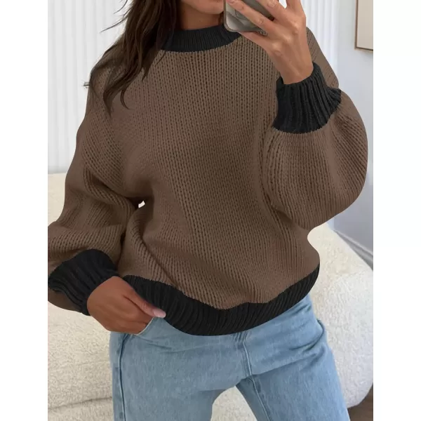 imageZESICA Womens Casual Long Sleeve Crew Neck Pullover 2024 Fall Ribbed Knit Loose Contrast Color Sweater TopsBrown