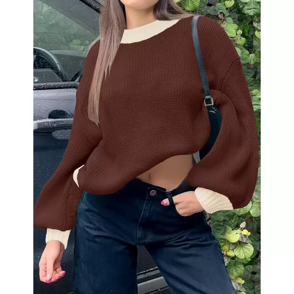 imageZESICA Womens Casual Long Sleeve Crew Neck Pullover 2024 Fall Ribbed Knit Loose Contrast Color Sweater TopsCoffee