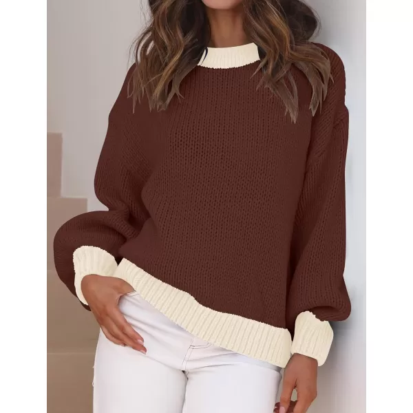 imageZESICA Womens Casual Long Sleeve Crew Neck Pullover 2024 Fall Ribbed Knit Loose Contrast Color Sweater TopsCoffee