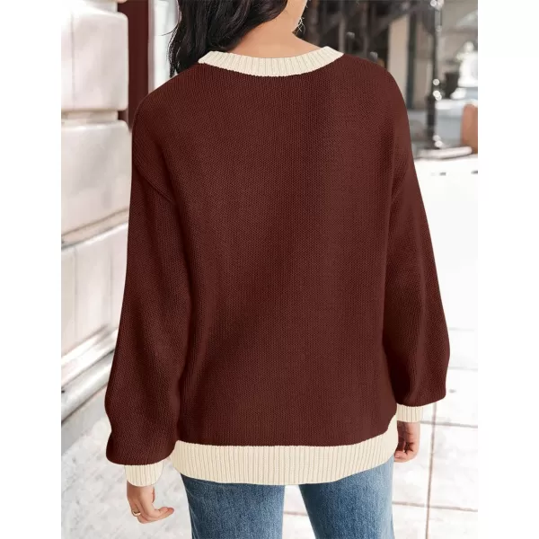 imageZESICA Womens Casual Long Sleeve Crew Neck Pullover 2024 Fall Ribbed Knit Loose Contrast Color Sweater TopsCoffee
