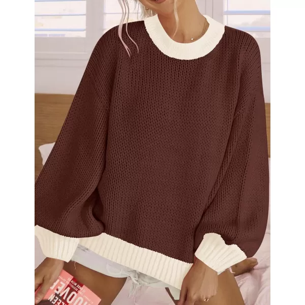 imageZESICA Womens Casual Long Sleeve Crew Neck Pullover 2024 Fall Ribbed Knit Loose Contrast Color Sweater TopsCoffee