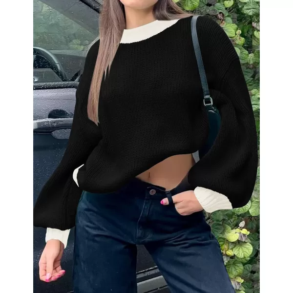 imageZESICA Womens Casual Long Sleeve Crew Neck Pullover 2024 Fall Ribbed Knit Loose Contrast Color Sweater TopsDark
