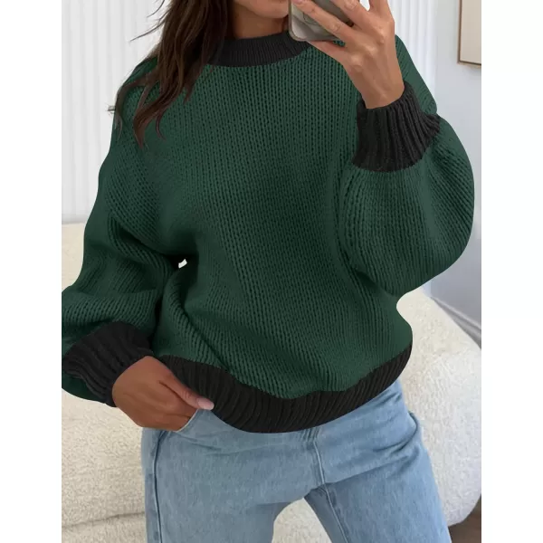 imageZESICA Womens Casual Long Sleeve Crew Neck Pullover 2024 Fall Ribbed Knit Loose Contrast Color Sweater TopsDarkgreen