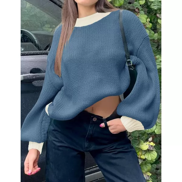 imageZESICA Womens Casual Long Sleeve Crew Neck Pullover 2024 Fall Ribbed Knit Loose Contrast Color Sweater TopsDustyblue
