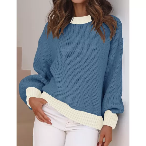 imageZESICA Womens Casual Long Sleeve Crew Neck Pullover 2024 Fall Ribbed Knit Loose Contrast Color Sweater TopsDustyblue