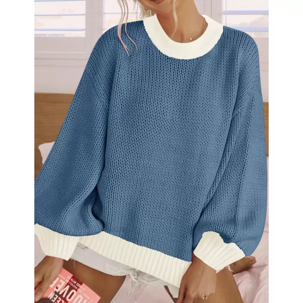 imageZESICA Womens Casual Long Sleeve Crew Neck Pullover 2024 Fall Ribbed Knit Loose Contrast Color Sweater TopsDustyblue
