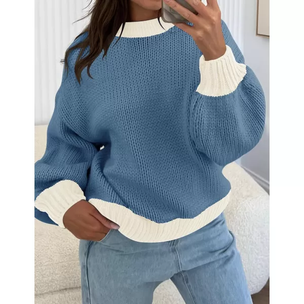 imageZESICA Womens Casual Long Sleeve Crew Neck Pullover 2024 Fall Ribbed Knit Loose Contrast Color Sweater TopsDustyblue