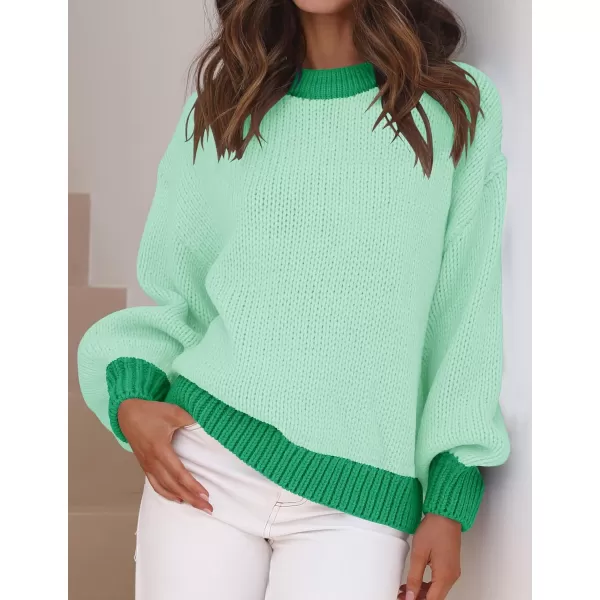 imageZESICA Womens Casual Long Sleeve Crew Neck Pullover 2024 Fall Ribbed Knit Loose Contrast Color Sweater TopsGreen