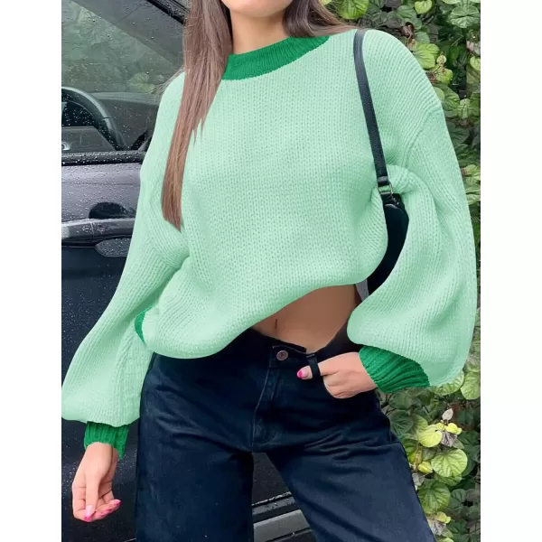 imageZESICA Womens Casual Long Sleeve Crew Neck Pullover 2024 Fall Ribbed Knit Loose Contrast Color Sweater TopsGreen