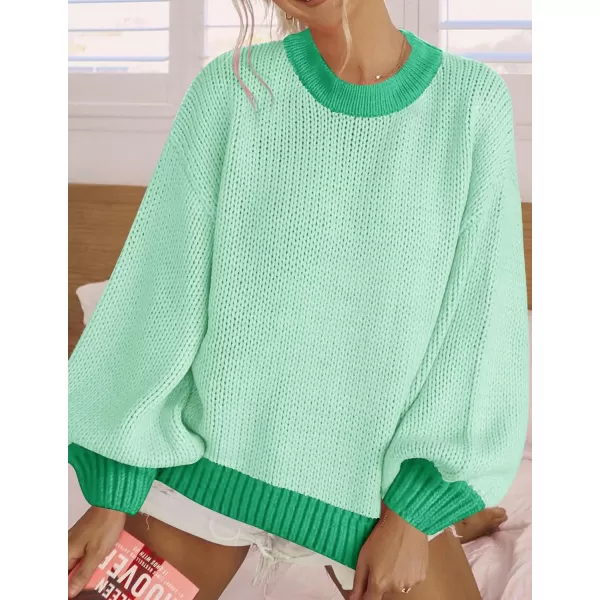 imageZESICA Womens Casual Long Sleeve Crew Neck Pullover 2024 Fall Ribbed Knit Loose Contrast Color Sweater TopsGreen